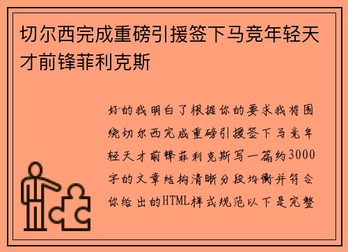 切尔西完成重磅引援签下马竞年轻天才前锋菲利克斯