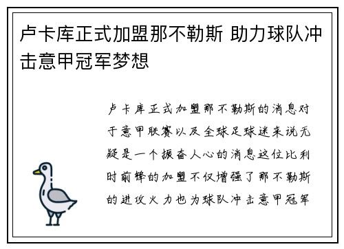 卢卡库正式加盟那不勒斯 助力球队冲击意甲冠军梦想